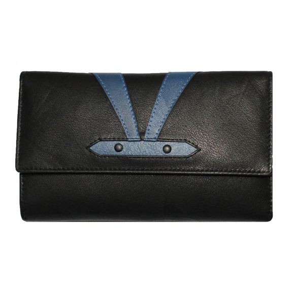 Große Damenbörse Nappa Leder Geldtasche schwarz/blau