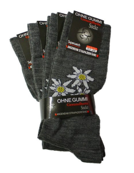 4 Paar Gesundheits Socken ohne Gummi  mit Edelweiss, grau, unisex